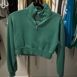 Aritzia TNA Green Cozy Perfect Quarter-Zip Cropped Sweatshirt